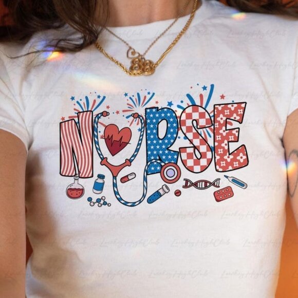 Tops - Retro Nursing 4th Of July Unisex Tee, Stars And Stripes Y2K Unisex Tee